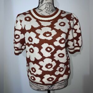 Entro Floral Knit Sweater Top Size M Brown Cream Retro Puff Sleeve